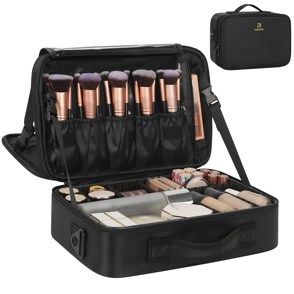 Relavel front view of black train case showing compact protective shape and handle