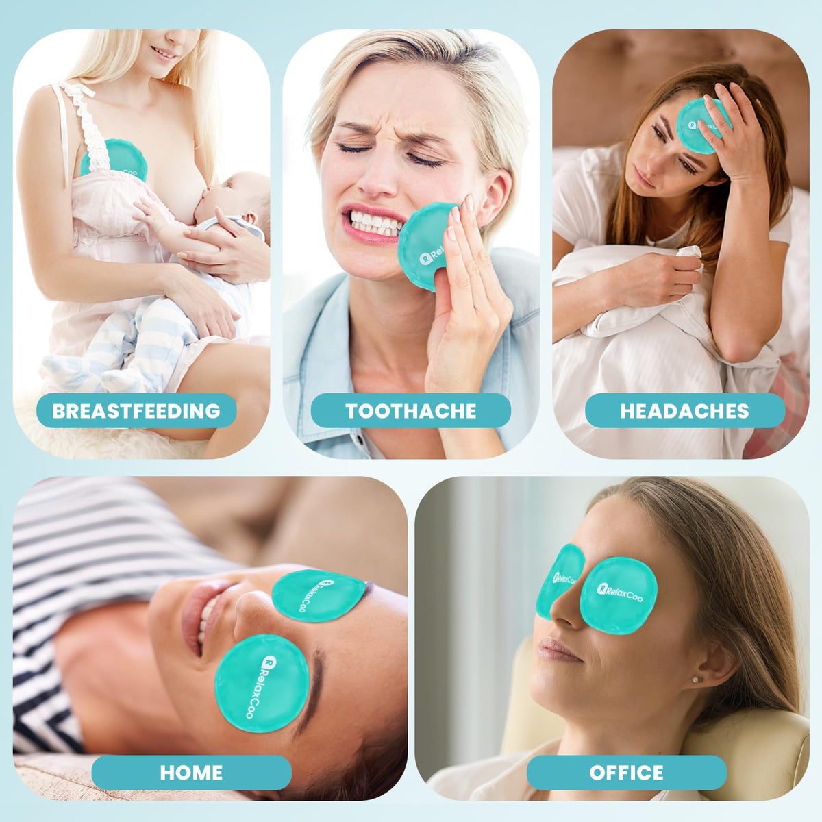 RelaxCoo mask in use on woman resting hands-free to relieve puffiness and promote relaxation
