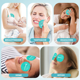 RelaxCoo mask in use on woman resting hands-free to relieve puffiness and promote relaxation