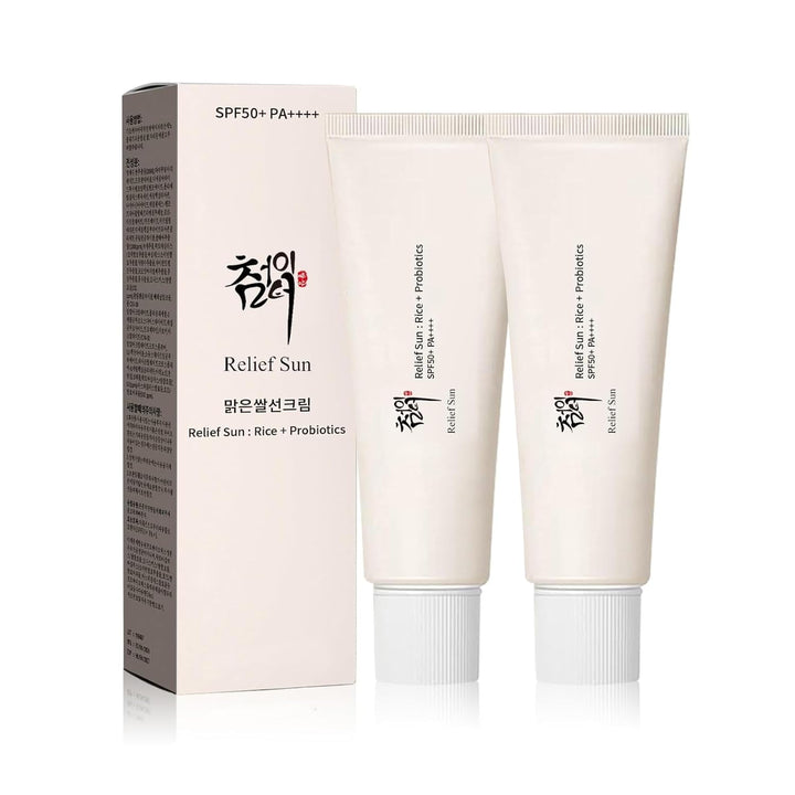 RELIEF SUN front packaging showing SPF50+ sunscreen for lightweight daily protection