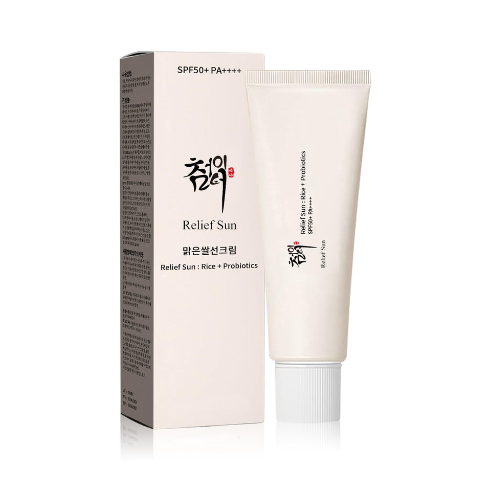 RELIEF SUN front tube showing packaging and travel-friendly size, protective benefits