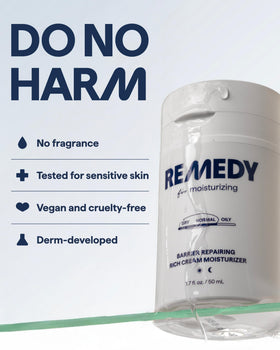 Remedy Science label close-up showing eczema certification and reassurance