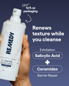 Remedy Science close-up ingredient label highlighting salicylic acid and ceramide NP benefits