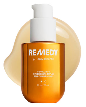 Remedy Science front bottle on white surface showing clean clinical packaging and brightening benefit