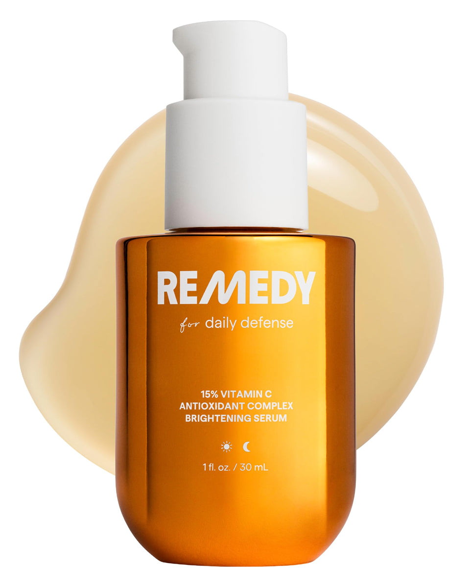Remedy Science front bottle on white surface showing clean clinical packaging and brightening benefit