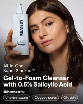 Remedy Science gel turning to foam on hand illustrating gentle effective cleansing action