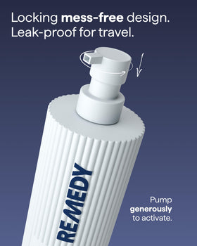 Remedy Science bottle on bathroom counter during skincare routine for daily use convenience