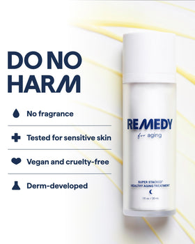 Remedy Science bottle staged in bathroom at night, evokes nightly skincare ritual