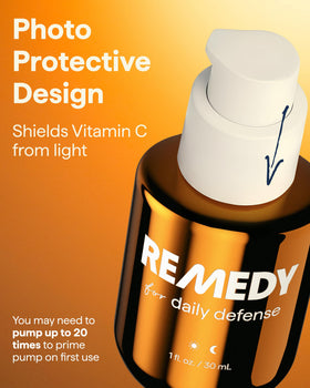 Remedy Science serum texture drop on skin highlighting lightweight absorbent texture and radiant finish