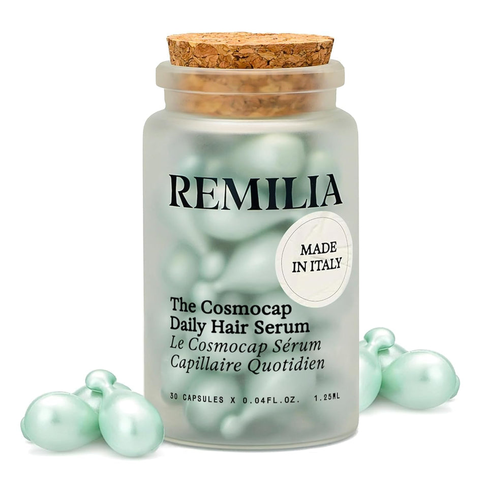 Remilia Hair front packaging showing 30 Cosmocap capsules and brand benefit