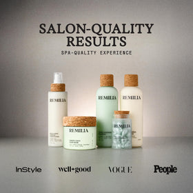 Remilia Hair spa bathroom lifestyle with capsules conveying luxury scent and calm