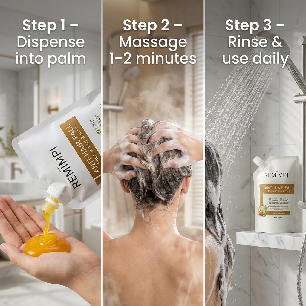 REMIMPI lifestyle bathroom shelf with bottles styled to suggest everyday haircare routine