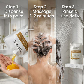 REMIMPI lifestyle bathroom shelf with bottles styled to suggest everyday haircare routine