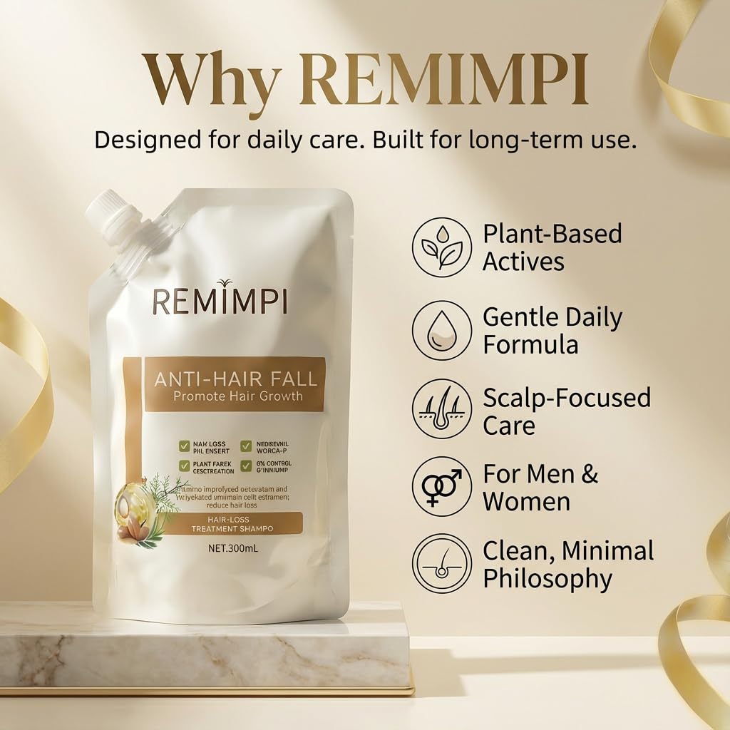 REMIMPI bottle on shower shelf in use showing cleansing action for fresher scalp