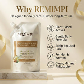 REMIMPI bottle on shower shelf in use showing cleansing action for fresher scalp