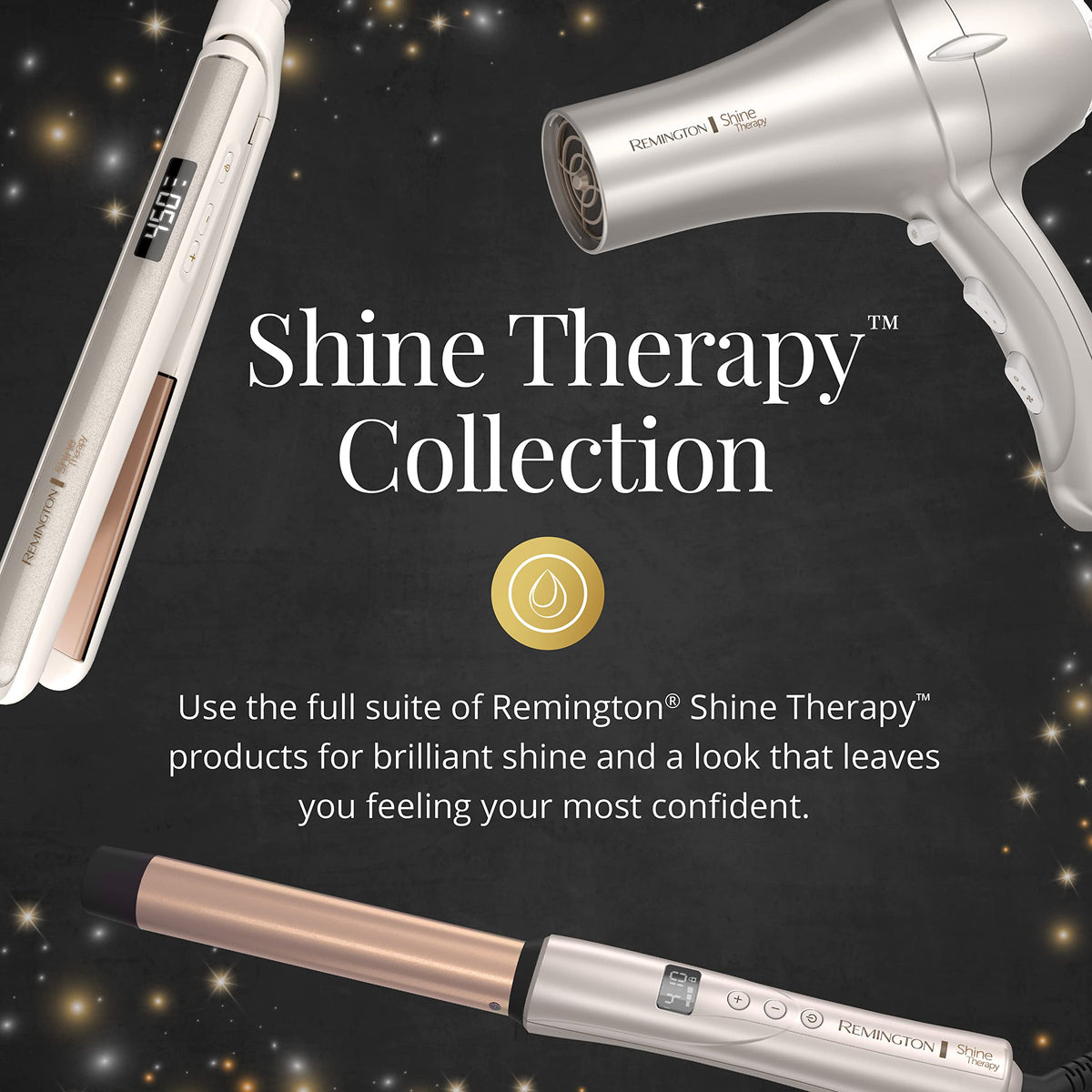 Remington label close-up showing argan oil and keratin treatment for shine