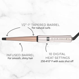 Remington close-up of tapered barrel highlighting argan oil and keratin infusion for added shine