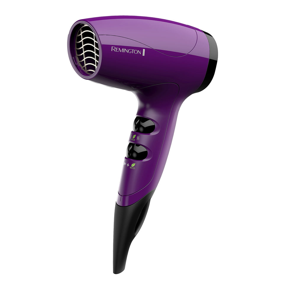 Remington purple compact hair dryer front view showing lightweight travel-ready design and fast drying benefit