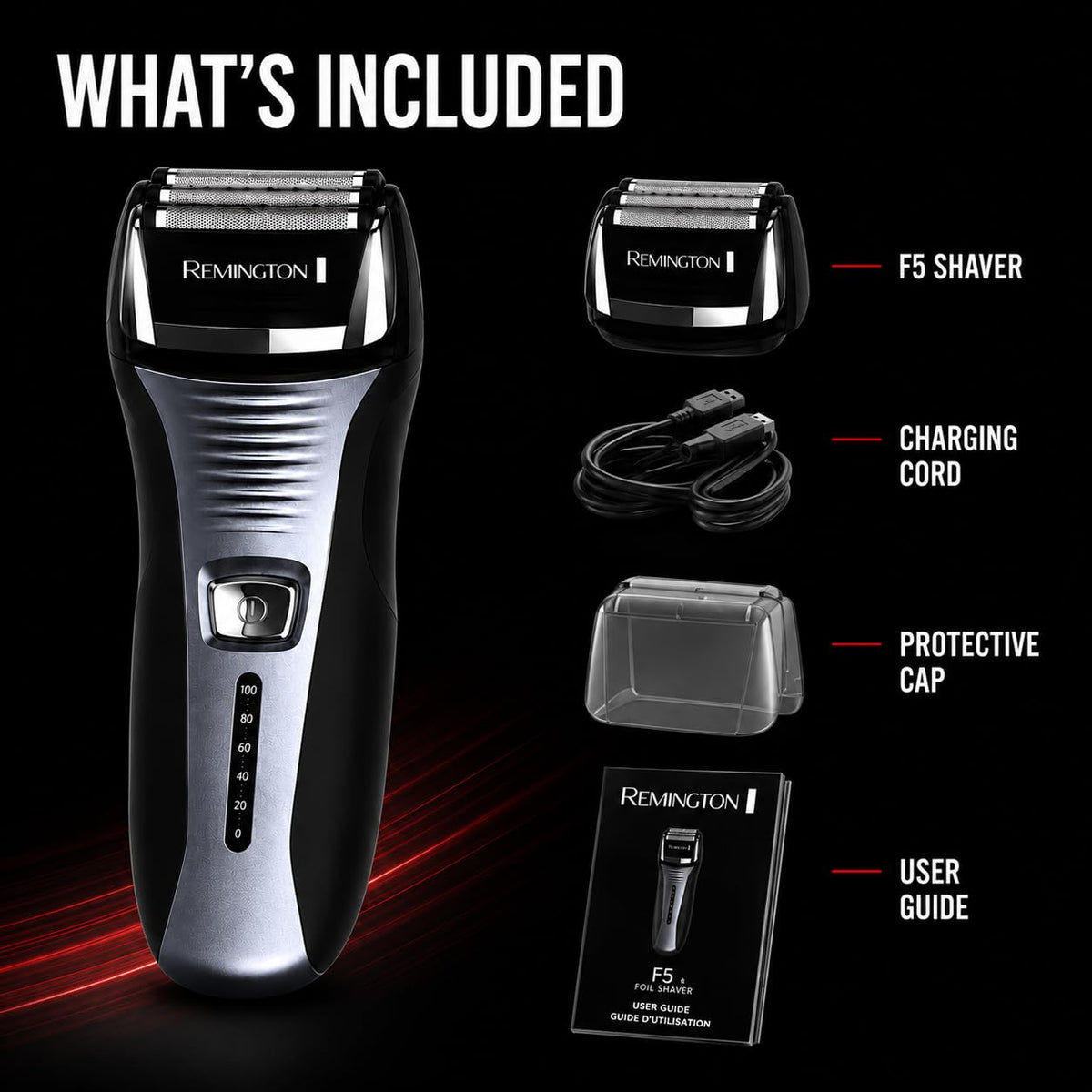 Remington F5 with power adapter and travel-ready setup for worldwide charging
