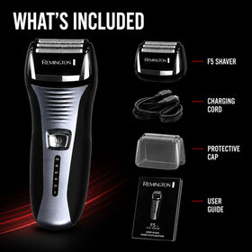 Remington F5 with power adapter and travel-ready setup for worldwide charging