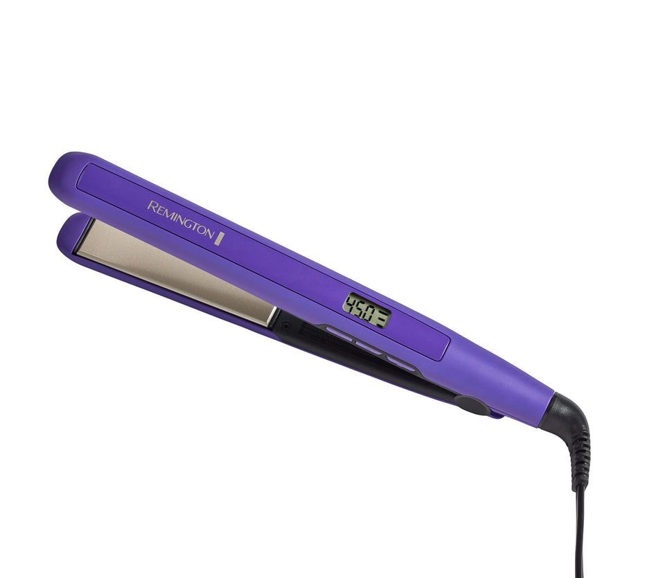 Remington flat iron front view showing sleek design and longer plates for faster styling