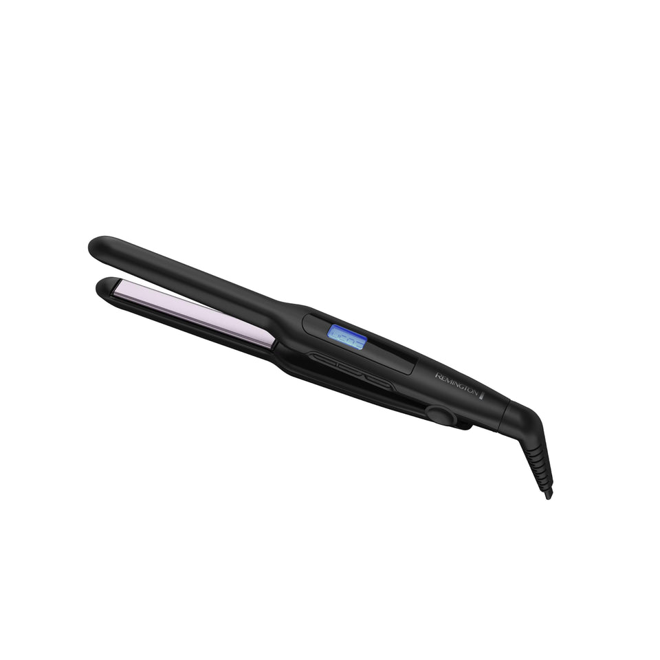 Remington flat iron front view showing slim profile and sleek finish for precision styling