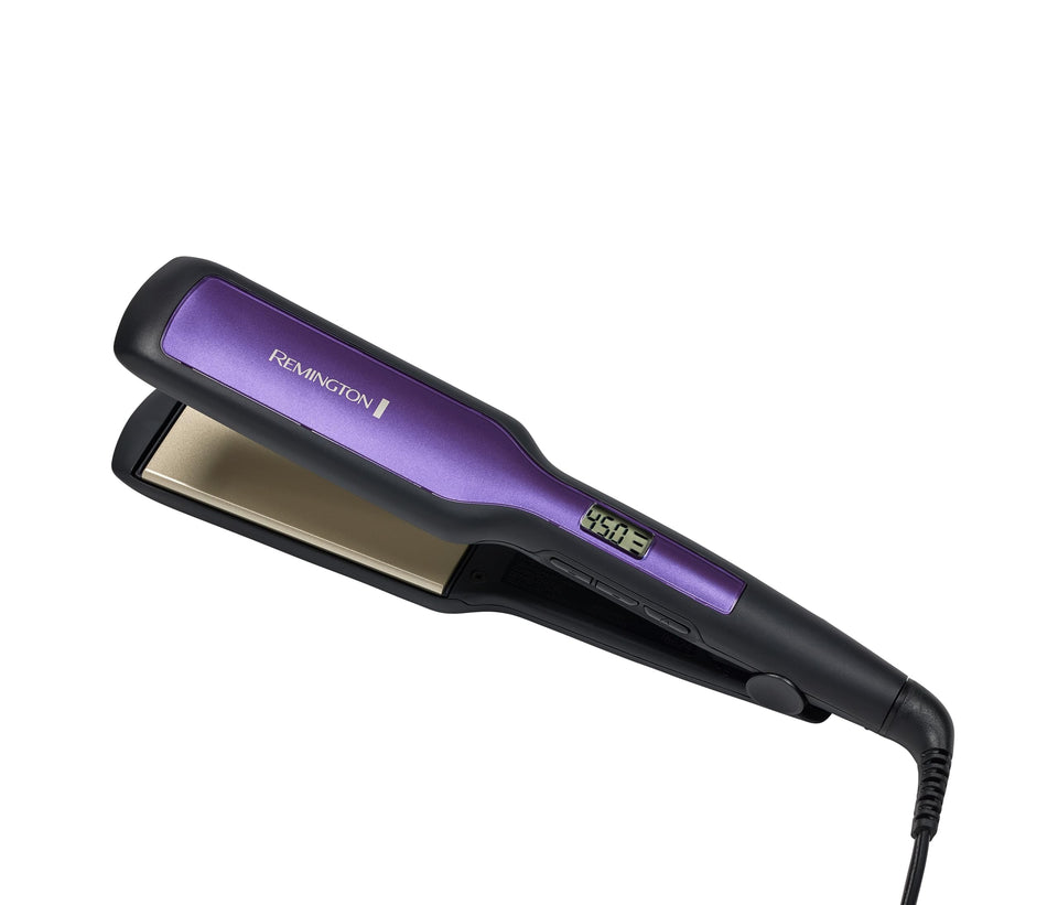 Remington front view of flat iron showing sleek body and long plates for fast styling