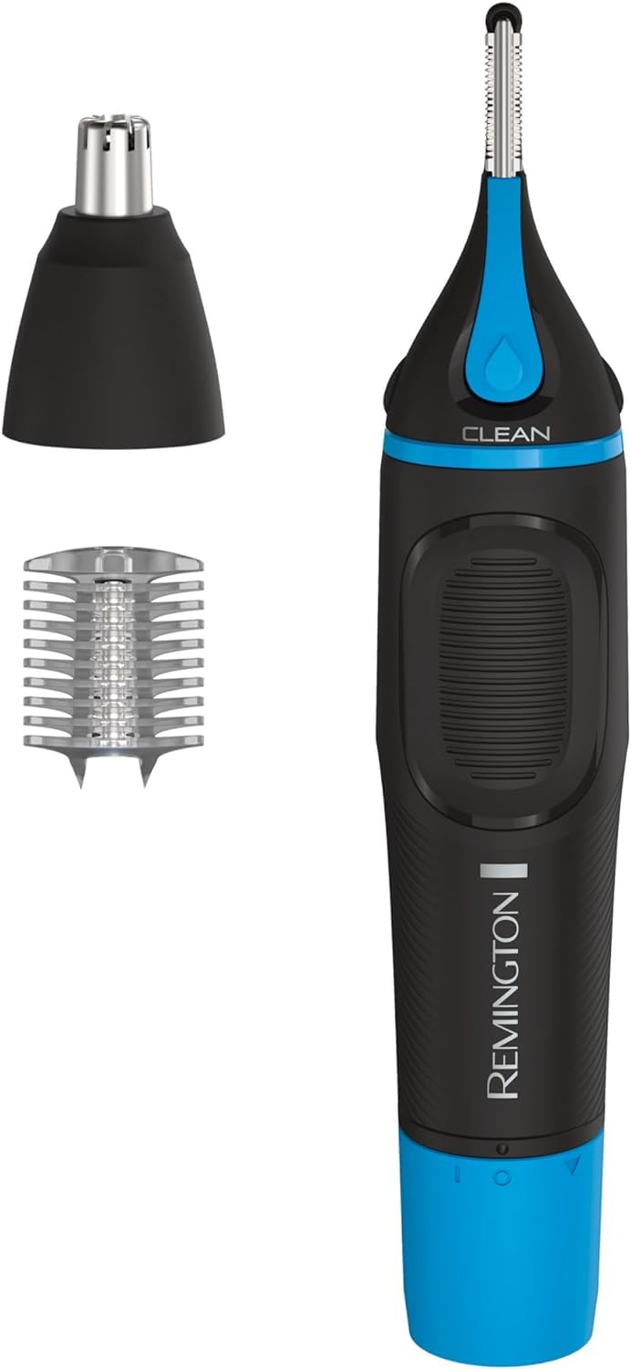 Remington front view showing trimmer and included eyebrow comb for compact grooming