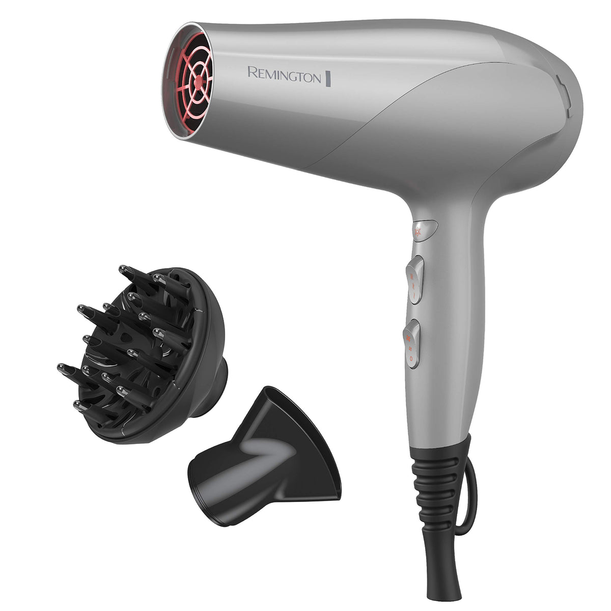 Remington front view of grey dryer showing controls and ergonomic handle for comfortable styling