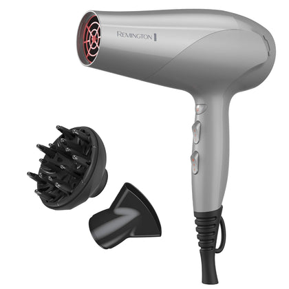 Remington front view of grey dryer showing controls and ergonomic handle for comfortable styling