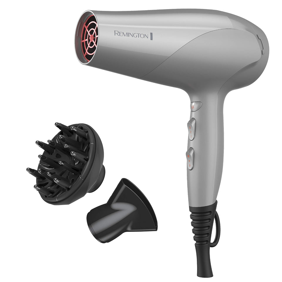 Remington front view of grey dryer showing controls and ergonomic handle for comfortable styling