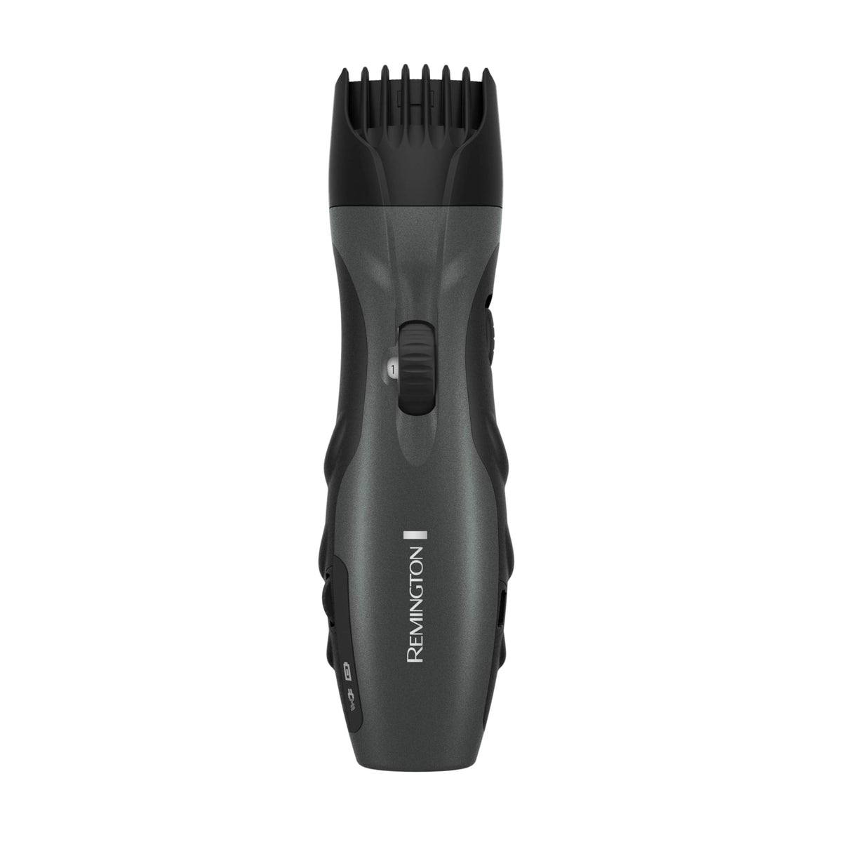 Remington groomer front view showing controls and attached comb for quick length control