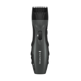 Remington groomer front view showing controls and attached comb for quick length control