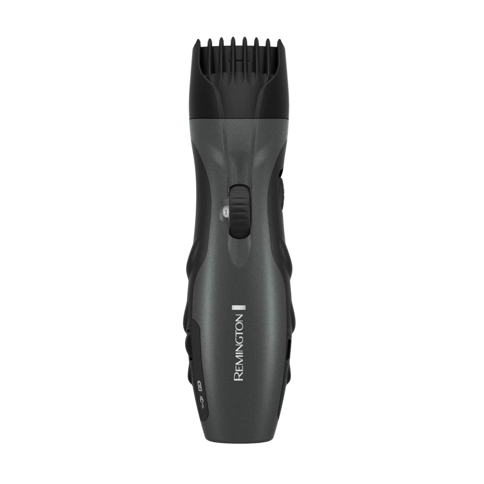 Remington groomer front view showing controls and attached comb for quick length control