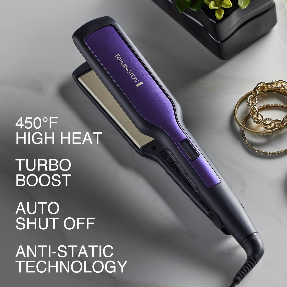 Remington LCD controls and temperature lock visible for precise, safe heat settings