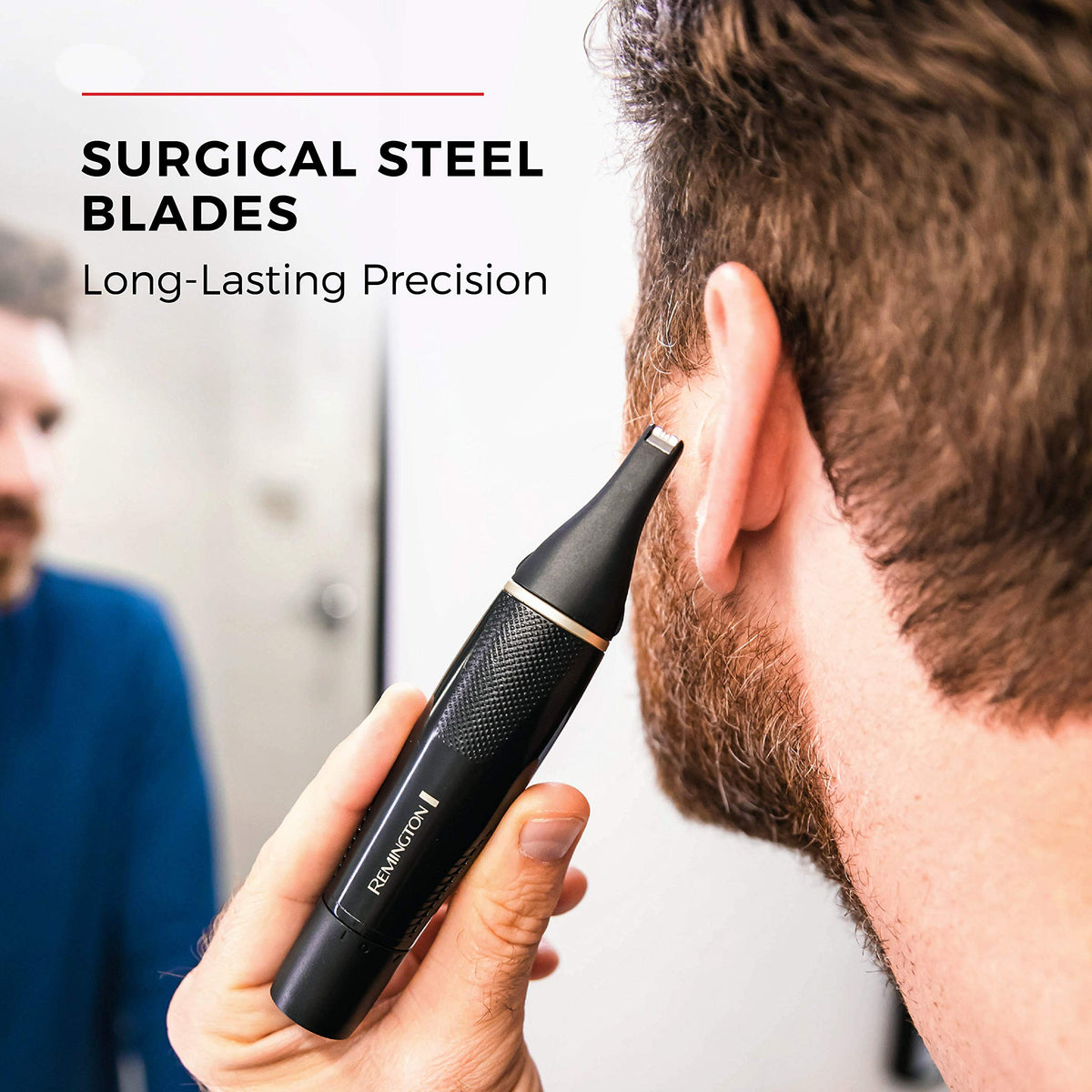 Remington narrow nose and ear trimmer showing extended neck for safe, accurate reach