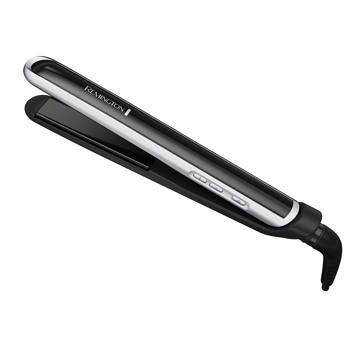 Remington front view showing slim black-and-white design and controls for easy styling