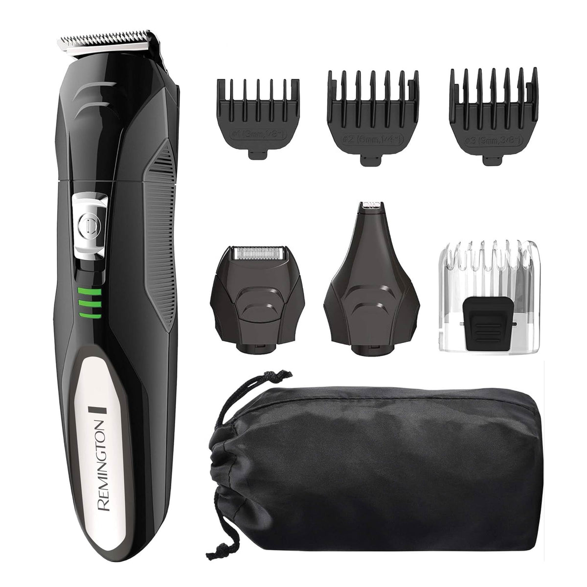 Remington PG6025 front view showing trimmer shaver and combs for versatile styling