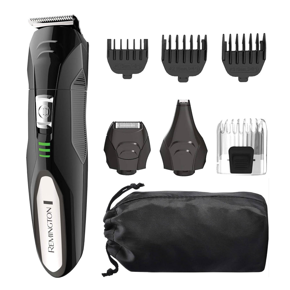 Remington PG6025 front view showing trimmer shaver and combs for versatile styling