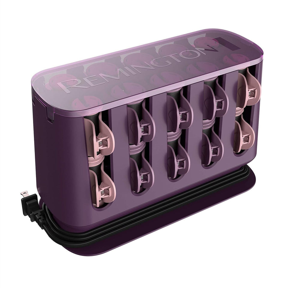 Remington front view of heated roller set showing compact base and rollers for quick styling