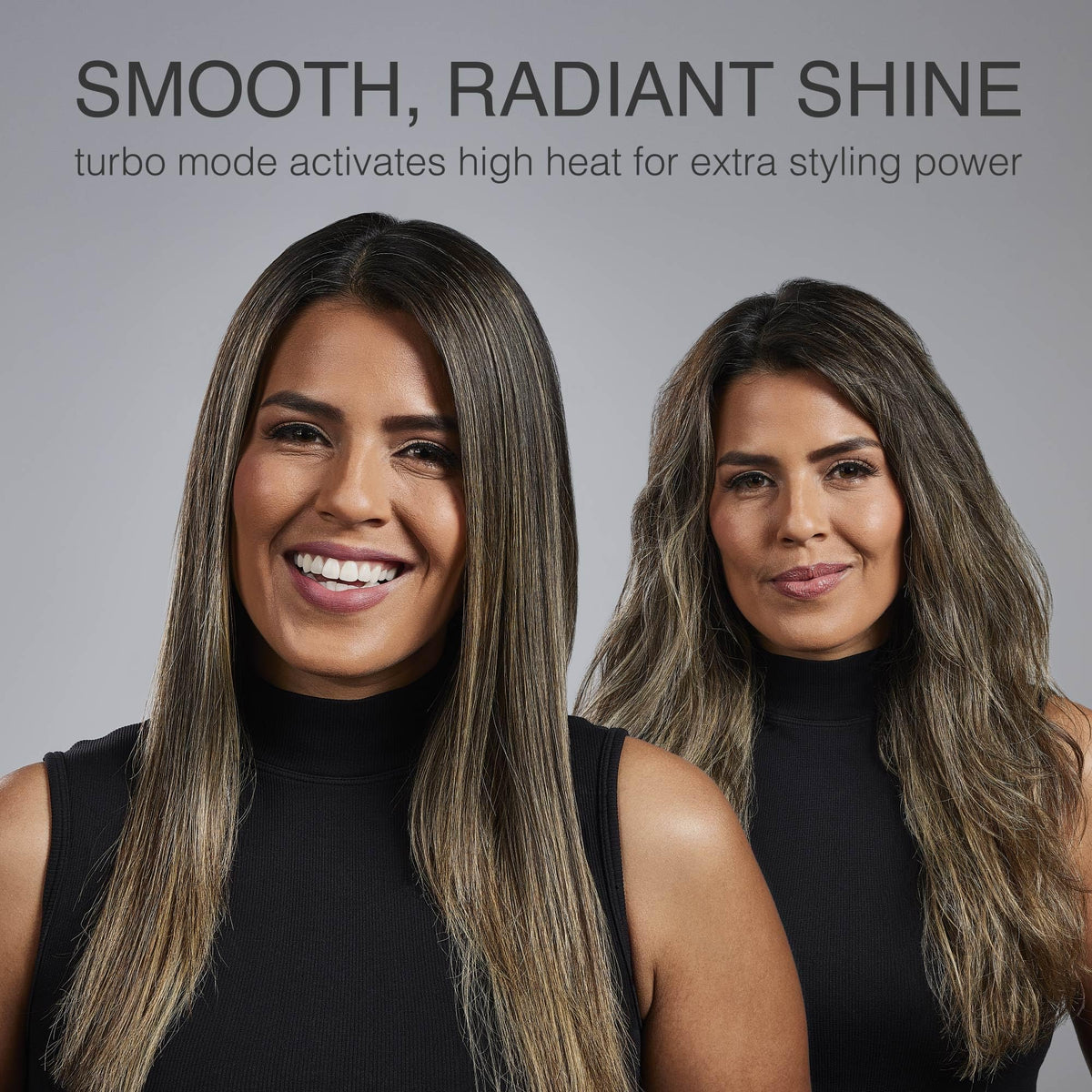 Remington finished hair showing high shine and sleek texture after styling benefit