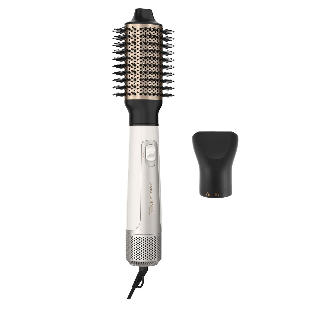 Remington front view of Shine Therapy brush showing ergonomic handle and controls for easy styling