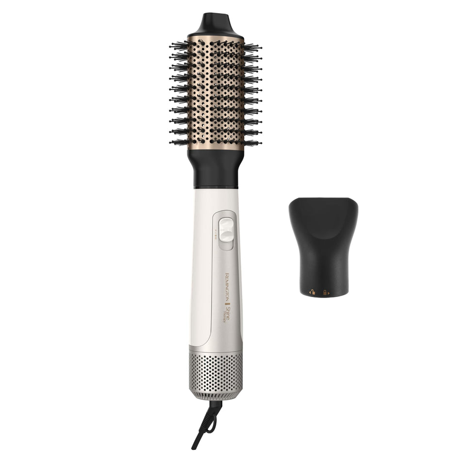 Remington front view of Shine Therapy brush showing ergonomic handle and controls for easy styling