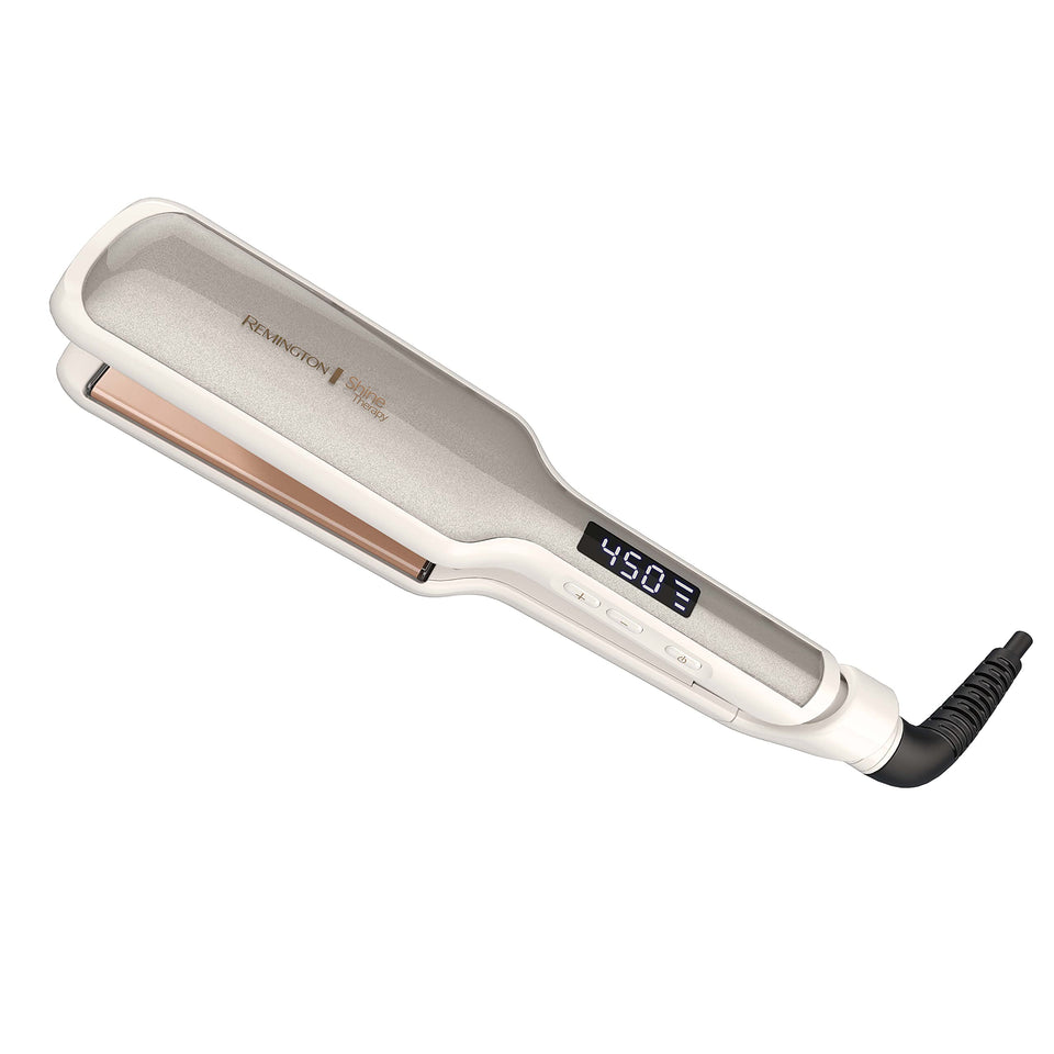 Remington flat iron front view showing sleek wide plates and controls for efficient styling