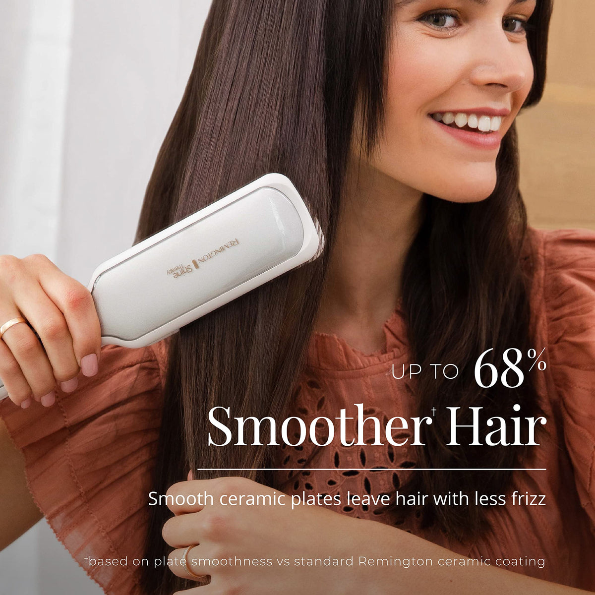 Remington straightener in use on long hair delivering smooth, frizz-reduced finish