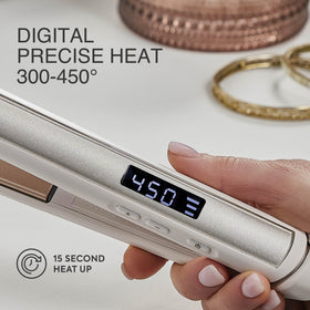 Remington flat iron styling hair on model to show frizz reduction and glossy finish benefit