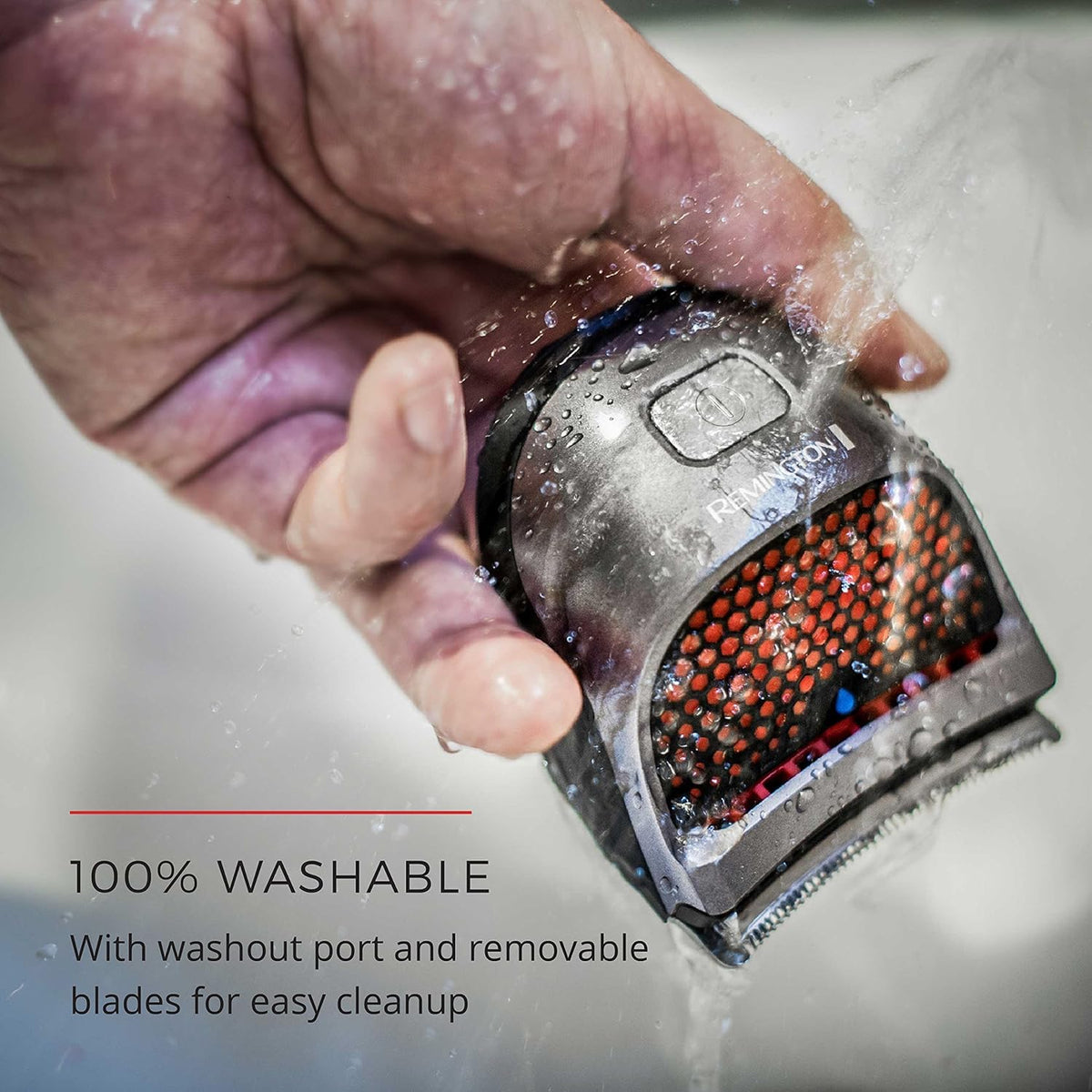 Remington trimmer held in hand showing pocket-size portability and control