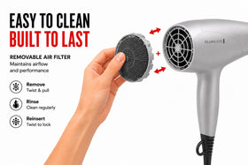 Remington dryer beside common objects to show compact size and travel-friendly design