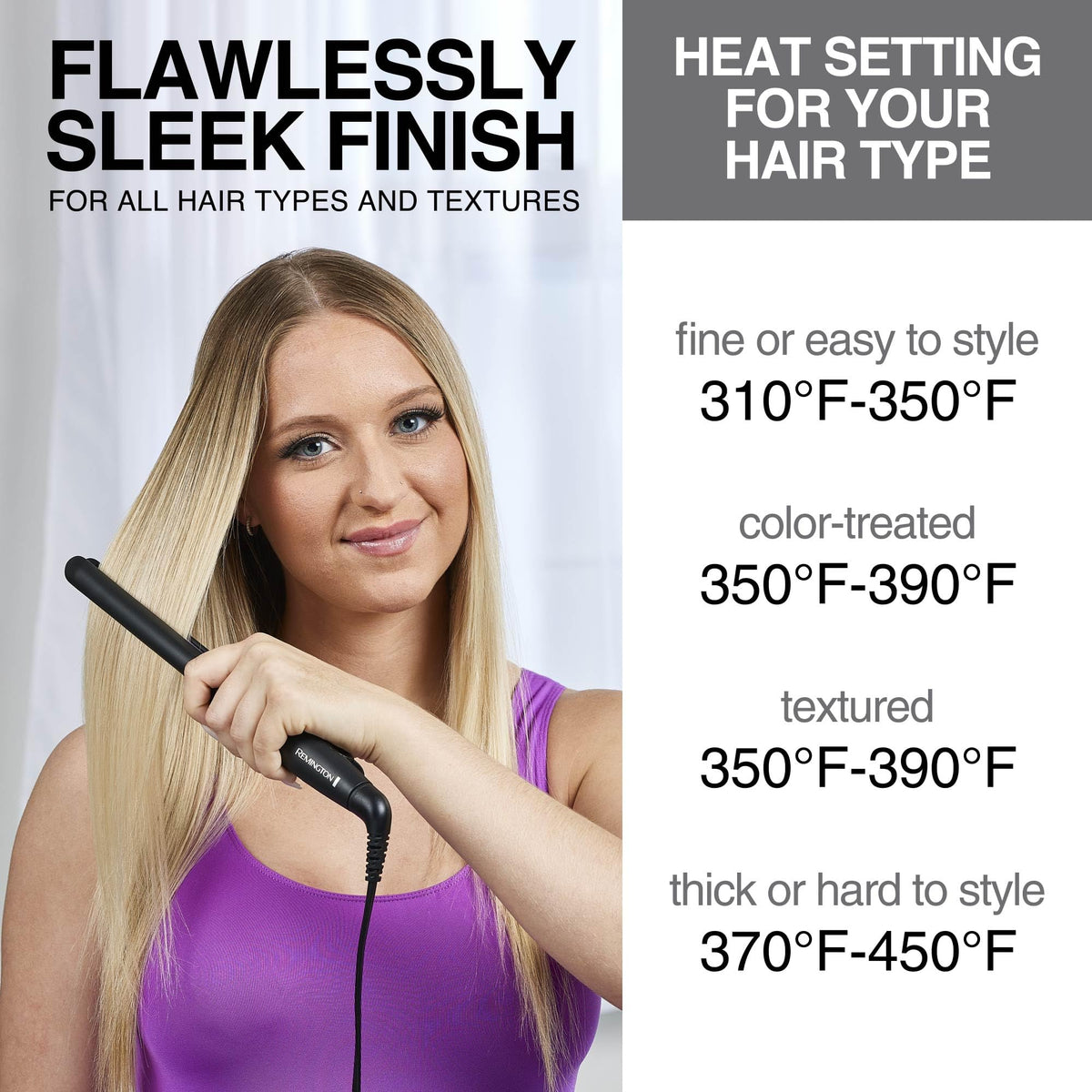 Remington in use styling bangs demonstrating precise control and reduced frizz
