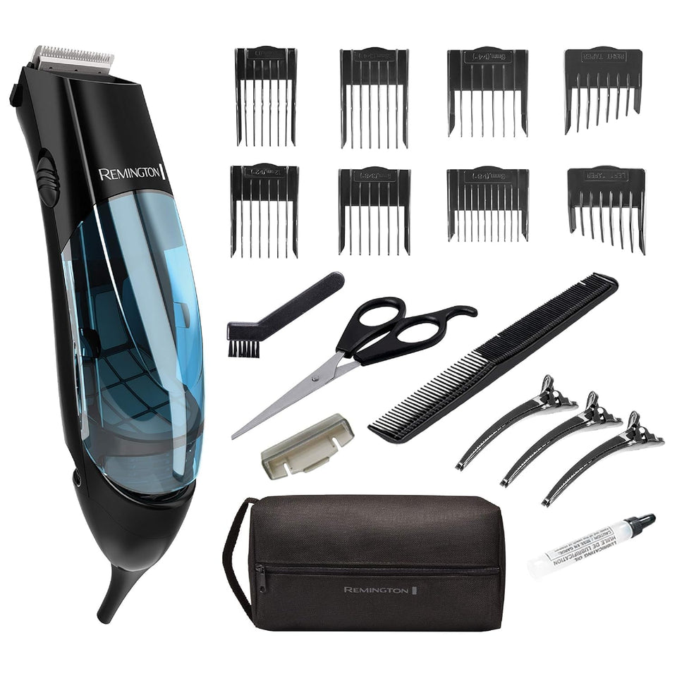 Remington vacuum clippers front view showing controls and chamber, keeps countertops clean